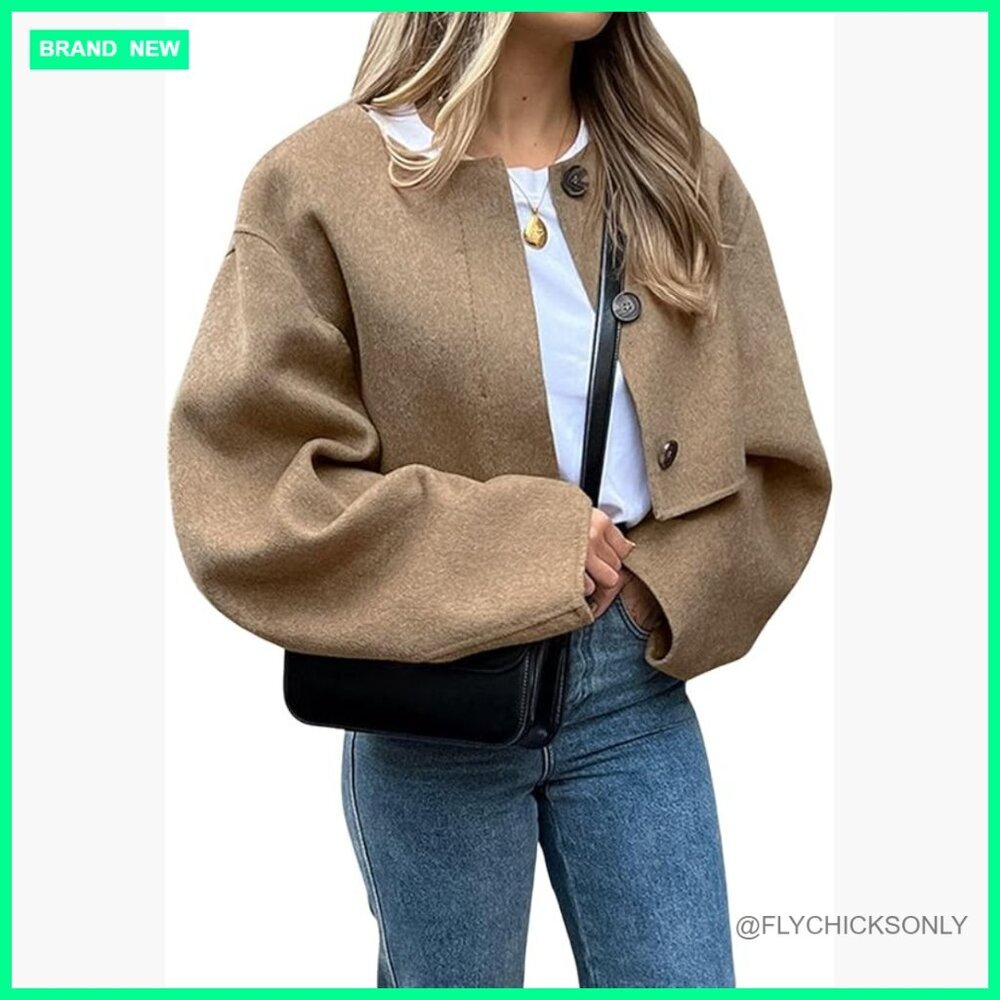 Cropped Wool Blend Pea Coat Short Jacket Long Sleeve Button Down